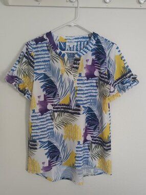 CHICO'S WOMEN'S TOP SHORT RUFFLE SLEEVE BLUE YELLOW TROPICAL POLY SPANDEX .5